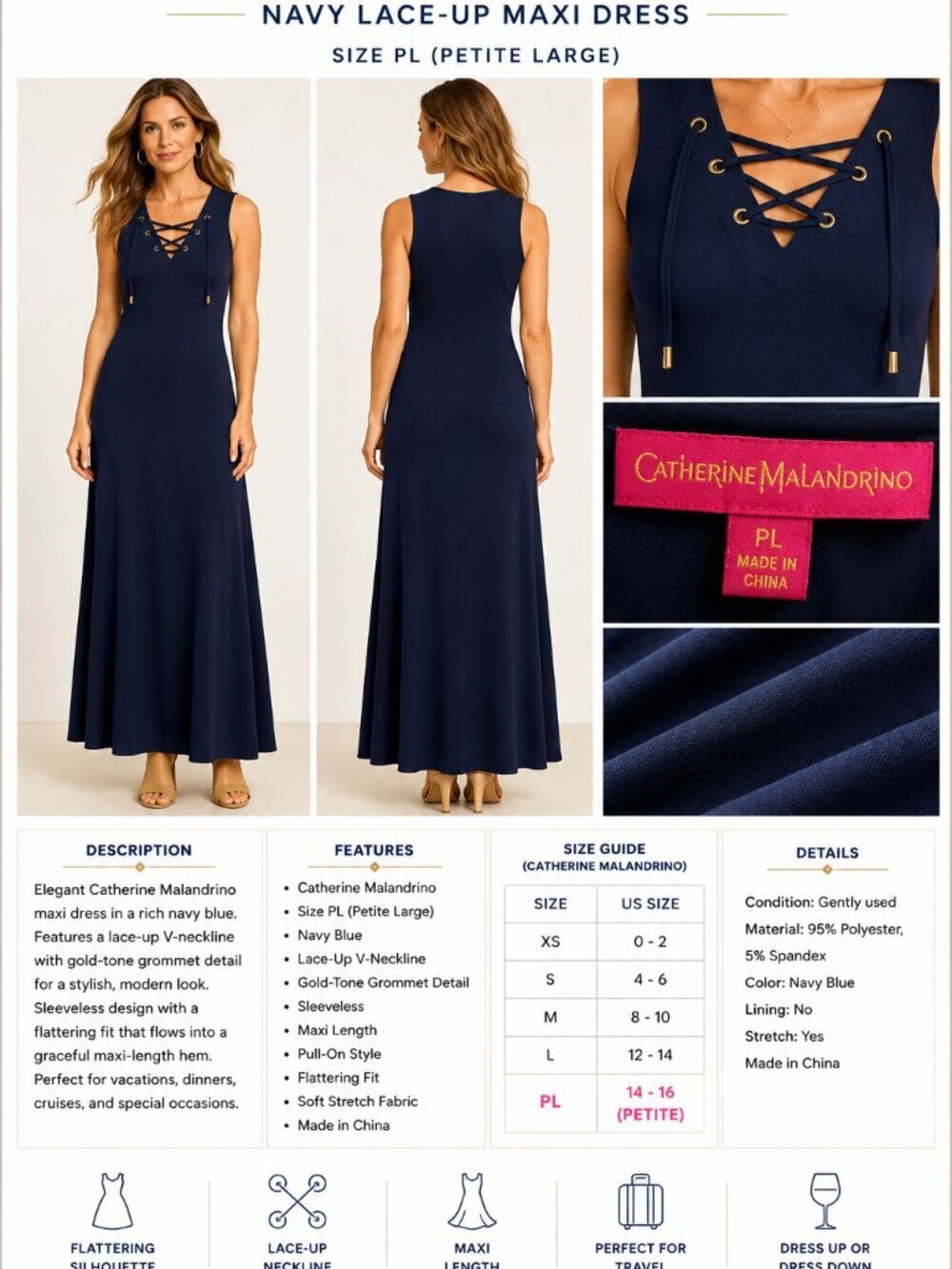 CATHERINE MALANDRINO NAVY LACE-UP MAXI DRESS PL